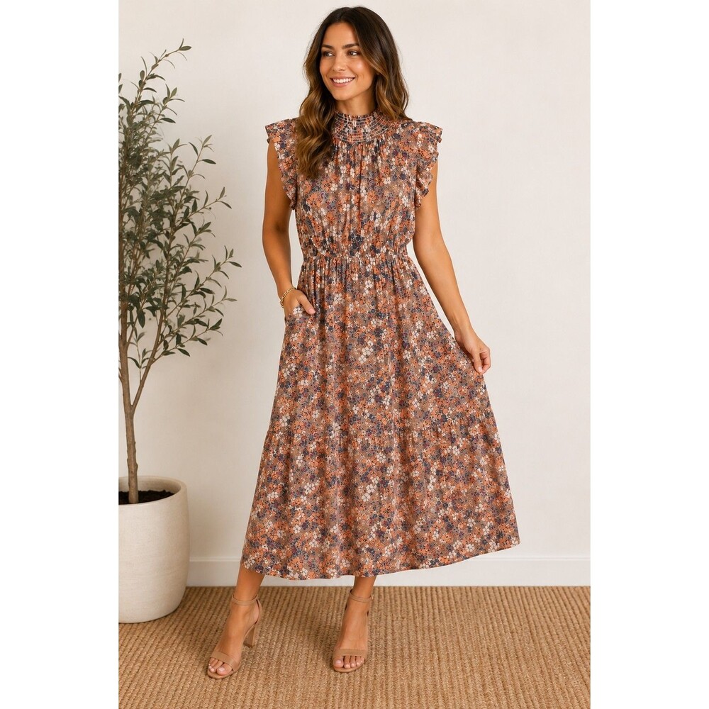 THML Floral Midi Tiered Dress Size Large Smocked Mock Neck Ruffle Sleeve Brown